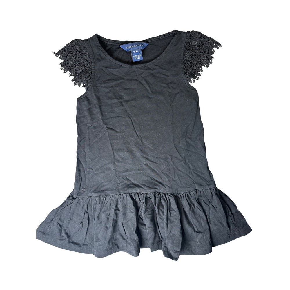Ralph Lauren Toddler Girls Crochet Lace Sleeve Ruffle Designer Dress 3T Black